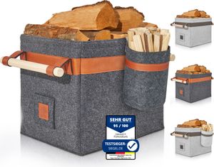 OAKAGE Classic Duo Holzkorb für Kaminholz aus Filz [mit Zündholzkorb] Kaminholzkorb Feuerholzkorb Brennholzkorb Filzkorb Hellgrau