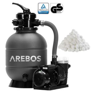 Pieskový filtračný systém AREBOS s čerpadlom vrátane 700 g filtračných guličiek | sivá | 400 W | 10 200 l/h | objem nádrže do 20 kg piesku | 7-cestný ventil s rukoväťou