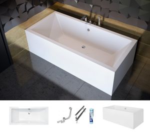 ECOLAM Badewanne Wanne Rechteck Quadro Design Acryl weiß 180x80 cm + Schürze Ablaufgarnitur Ab- und Überlauf Automatik Füße Silikon