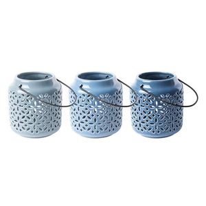 Rivanto® Blautöne Keramik Windlicht Größe S mit Griffbügel, farbig sortiert, glänzende Optik, Tee Licht, Gartendekoration, Beleuchtung