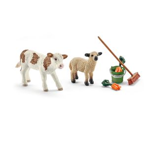 Schleich - Tierfiguren, Stallpflege mit Kalb und Schäfchen; 41422