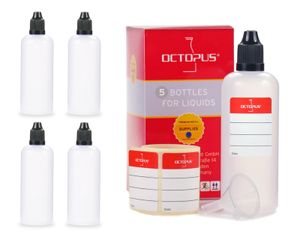 5 Plastikflaschen 100 ml LDPE, G14, Tropfeinsatz, Deckel schwarz, 1 Mini-Trichter
