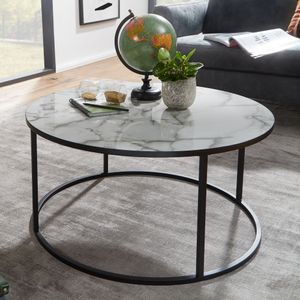 FineBuy stolek FineBuy kulatý 80x40x80 cm s mramorovým vzhledem bílý | Stůl do obývacího pokoje s černým kovovým rámem | Moderní dekorativní stůl