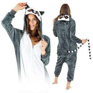 Halloween Kostüm Damen & Herren - One Piece Schlafanzug Lemur - Jumpsuit - Karneval & Pyjama Kostüme für Erwachsene, Gröse S
