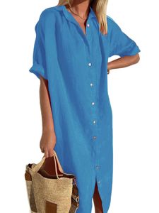 Damen Revers Blusenkleider Kurzarm Maxikleider Hemdkleid Mit Tasche Pfauenblau,Größe S