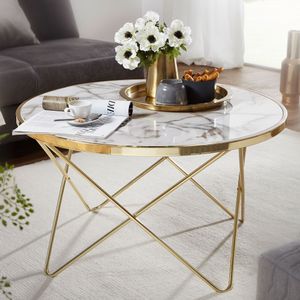 FineBuy dizajnový konferenčný stolík mramorový vzhľad biely okrúhly Ø 85 cm zlatý kovový rám, veľký stôl do obývačky, bočný stolík