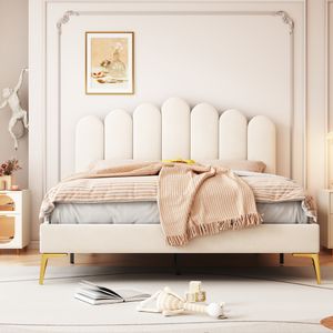 Flieks Čalúnená posteľ 140x200 cm s lamelovým roštom, posteľ pre mladých Manželská posteľ s oploteným čelom, detská postieľka Drevená posteľ Klasická posteľ, zamat, béžová