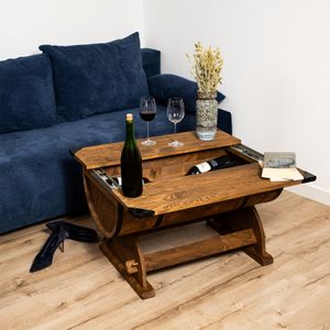 CREATIVE COOPER Eleganter Couchtisch, Kaffetisch, Sofatisch, in Fassform mit Schiebefunktion und integriertem Stauraum für Weinflaschen, 80 x 50 cm