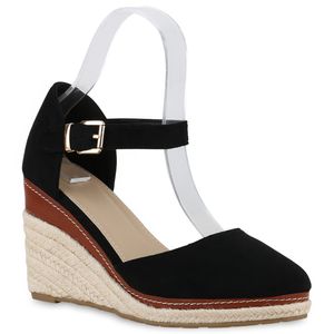 VAN HILL Damen Keilsandaletten Sandaletten Keilabsatz Bast Profil-Sohle Schuhe 840121, Farbe: Schwarz, Größe: 41