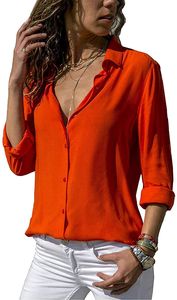 ASKSA Damen Bluse Chiffon Elegant Langarm Oberteile Einfarbig V-Ausschnitt Lose Hemdbluse, Orange, XXL