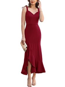 Damen Schultergurt Abendkleider Einfarbig Ärmellose Kleider V-Ausschnitt Maxikleid Weinrot,Größe:2Xl