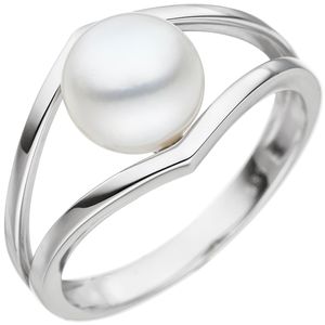 JOBO Damen Ring 54mm 585 Gold Weißgold 1 Süßwasser Perle Perlenring Weißgoldring