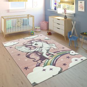 Kinderteppich Kinderzimmer Konturenschnitt Regenbogen Einhorn Pastell Rosa, Grösse:133 cm Quadrat