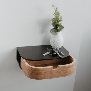 Kleine Hängendes Wandregal mit Schublade, abgerundete Ecken Design, Schwarz, Eiche Kleine Hängendes Wandregal mit Schublade, abgerundete Ecken Design, Schwarz, Eiche