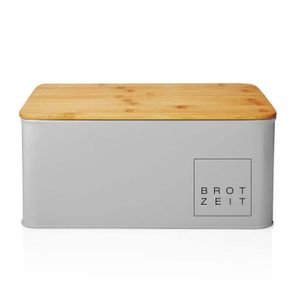 Lumaland Cuisine Brotkasten Brotdose aus Metall mit Bambus Deckel Brotbox rechteckig 30,5 x 23,5 x 14 cm 2in1 Brotbehälter & Schneidebrett Hellgrau
