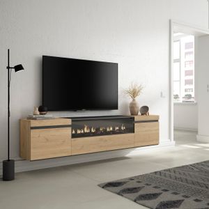 Skraut Home - TV-Schrank, Lowboard, 200x45x35cm, Für TV-Geräte bis zu 80", Elektrokamin. Maße, Hängend, Eiche Schwarz