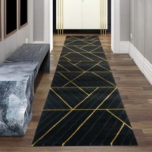 Teppich modern Designerteppich geometrisches Muster in schwarz gold Größe - 80 x 300 cm