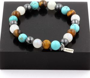 Armband Hämatitperlen + Tigerauge + Mondstein + Türkis 8 mm