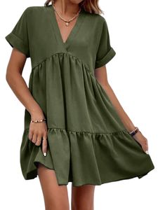 Damen Sommerkleider Kurzarm Minikleid Einfarbig A-Linie Kleid Lässig Swing Kleider Armeegrün,Größe S