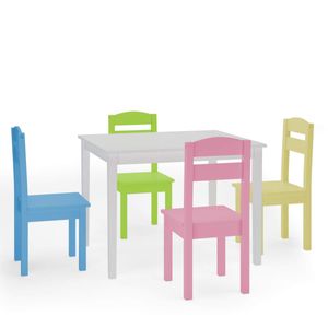 COSTWAY 5 TLG. Detská sedacia súprava, detská stolová súprava, detský stôl so 4 stoličkami, detský nábytok z borovice, drevená sedacia súprava pre dievčatá a chlapcov White