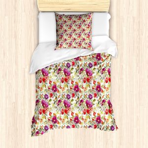 ABAKUHAUS Blumen Mantele, Pink Lila Blumen, Milbensicher Allergiker geeignet mit Kissenbezügen, 135 cm x 200 cm - 80 x 80 cm, Mehrfarbig