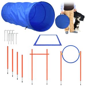 XMTECH Agility Ausrüstungs Set für Hunde Hindernisse mit Hundetunnel, Slalomstangen, Höhenverstellbar Sprungringe, Hochsprungstange