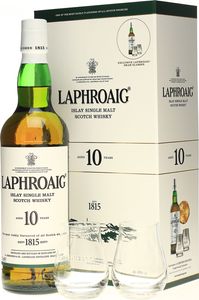 Laphroaig 10 Jahre mit 2 Gläsern Single Malt Scotch Whisky 0,7l, alc. 40 Vol.-%