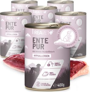 REAVET Premium Hunde Nassfutter - Ente Pur 6 x 400g I Reines Muskelfleisch, Hypoallergen, ohne Getreide & Zusätze, Hundenassfutter sensitiv für Allergiker