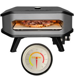 COZZE® 90349 Pizza-Gas-Ofen mit Thermometer Temperaturanzeige Profi bis 400° Grad mit 34x34 cm Pizzastein - tragbarer Pizzaofen Steinofen-Pizza für Terrasse, Balkon Garten Camping