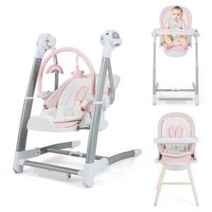 COSTWAY 3 in 1 Babyschaukel elektrisch, Babywippe elektrisch mit 8 Schaukelposition, Timing, Auto-Schaltfunktion,Hochstuhl baby mit liegefunktion,8 Höhenstufen,Babystuhl klappbar mit Rädern (Rosa)