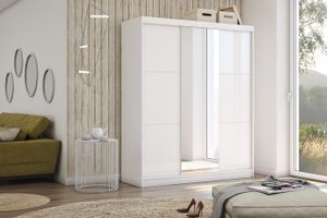 Moderner Kleiderschrank Schwebetürenschrank Weiß mit Spiegel 120 150 180 200 cm - Weiß Hochglanz Kleiderschrank für Schlafzimmer mit Schiebetüren - Kleiderstange - 180 cm - Weiß