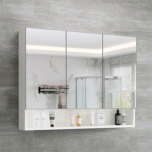 CLIPOP Badezimmer Spiegelschrank, Wandmontage mit Verstellbare Ablagen, 3 Türen, 70 x 63 x 17 cm, Weiß