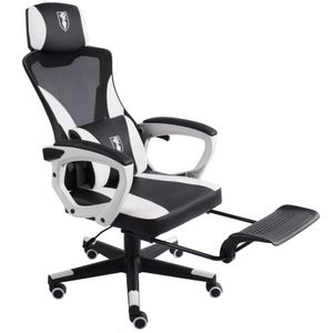 Gaming Stuhl im modernen Racing-Design mit einklappbarer Fußstütze - Gaming Chair mit flexiblen Armlehnen - ergonomischer Gaming Schreibtischstuhl mit extra Stützkissen  , Farbe:Schwarz/Weiß