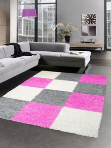 Shaggy Teppich Hochflor Langflor Bettvorleger Wohnzimmer Teppich Läufer Karo pink rosa grau creme Größe - 80x150 cm