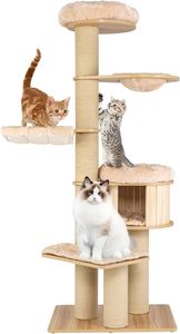 COSTWAY 6-poschodový drevený strom pre mačky, 191 cm strom pre mačky s hojdacou sieťou a mačacím brlohom a prúteným pelechom a sisalovými stĺpikmi, strom na šplhanie, strom na hranie