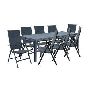 NATERIAL - Gartenmöbel Set für 8 Personen - Gartentisch ODYSSEA 256/320x100 cm - Ausziehtisch - 8 Gartenstühle - 7-fach verstellbar - Klappsessel - Hochlehner - Sitzgruppe - Glas Aluminium Grau