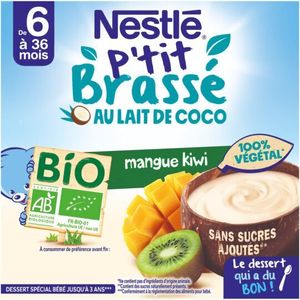 Nestle Dessert für Babys ab 6 Monaten Bio-Kokosmilch Mango & Kiwi P'TIT BRASSESet mit 6 Gläsern 90 g