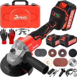 DELPHI Tools Akku-Winkelschleifer 1200W 21V Bürstenloser Motor M10 Spindelgewinde Über 550h Haltbarkeitstest mit 2 Akkus Transportkoffer & Zubehör für