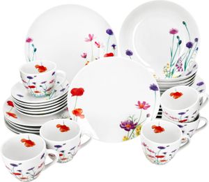 30tlg Kombiservice Marie Porzellan 6 Personen Tassen Untertassen Teller Blumen