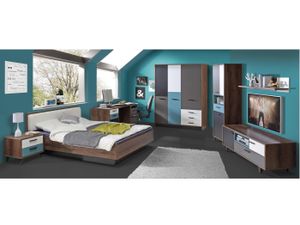 Jugendzimmer Raven 7 teiliges Komplett Set in Schlammeiche, Grau mit Weiß, Schwarz und Orientalisch Grün mit 3 türigem Schrank