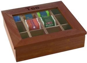 APS Teebox mit 12 Kammern 31 x 28 cm, H: 9 cm rot-braune Holzbox mit Sichtfenster aus Acryl 11776