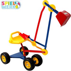 Spielwerk® Sitzbagger 360° Radius Schwenk- und Greiffunktion bis 50kg Sandkasten Aufsitzbagger Reifen Schaufel Kinder Spielzeug ab 3 Jahren Metall