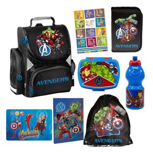 Goldkids - Schulranzen für Jungen, 8er-Set - Schul-Rucksack für Kinder mit Federmäppchen - Schuhbeutel Brotdose und Trinkflasche - Avengers