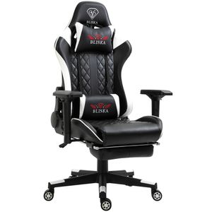 Gaming Stuhl Chair Racing mit Fußstütze und ergonomsichen 4D-Armlehnen, Farbe:Schwarz/Weiß