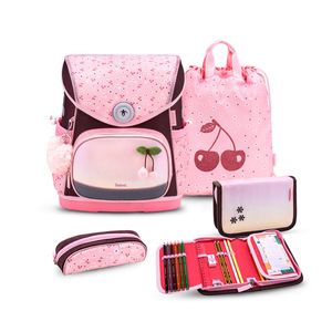 Belmil Premium ergonomischer Schulranzen Set 5 -teilig für Mädchen 1-4 Klasse Grundschule//Brustgurt/Magnetverschluss/Rosa, Braun (405-41/P Cherry Blossom)