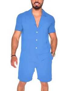 Herren Freizeitanzug Leinen T-Shirt und Shorts Set 2 Stück Button Down Trainingsanzug Blau,Größe XL