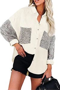 ASKSA Damen Bluse Reverskragen Langarm Shirts Cord Oversized Hemdjacke Knöpfen Cardigan Oberteil, Beige, XL