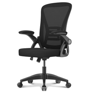 Bürostuhl – Ergonomischer Sitz – Sessel mit 90° klappbarer Armlehne – Lordosenstütze – höhenverstellbar - Schwarz