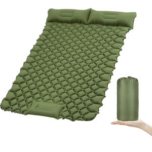 Doppelte Camping Isomatte Outdoor 200 x 122 x 7cm, Fußpumpe & Kissen – in Sekunden aufgepumpt – Isomatte Camping Luftmatratze Camping Isomatte selbstaufblasend- Armeegrün