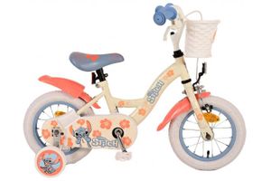 Disney Stitch 12-palcový detský bicykel krémovo korálovo modrý s ručnou brzdou, brzdovým kolieskom a odnímateľnými tréningovými kolieskami